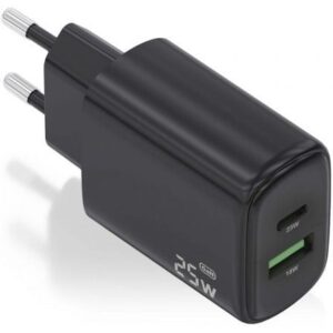 Cargador de Pared GaN Aisens A110-0912/ 1xUSB Tipo-C/ 1xUSB/ 25W/ Negro