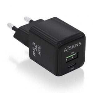 Cargador de Pared GaN Aisens ASCH-25W2P015-BK/ 1xUSB Tipo-C/ 1xUSB/ 25W - Imagen 1