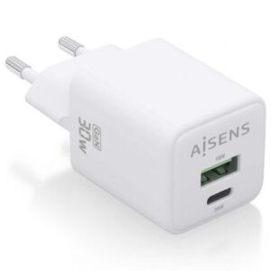 Cargador de Pared GaN Aisens ASCH-30W2P037-W/ 1xUSB Tipo-C/ 1xUSB/ 30W - Imagen 1