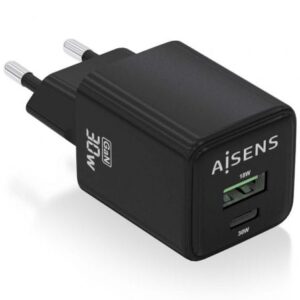 Cargador de Pared GaN Aisens ASCH-30W2P038-BK/ 1xUSB Tipo-C/ 1xUSB/ 30W - Imagen 1
