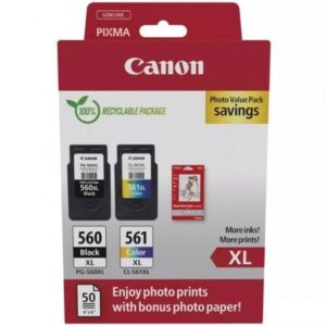 Cartucho de Tinta Original Canon PG-560XL + CL-561XL Multipack Alta Capacidad/ Negro/ Tricolor + Papel Fotográfico - Imagen 1