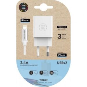 Cargador de Pared Tech One Tech TEC2402/ 2xUSB + Cable Lightning/ 2.4A/ Blanco - Imagen 1