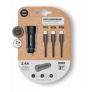 Cargador de Coche Tech One Tech TEC2810/ 2xUSB + Cable 3 en 1/ 2.4A - Imagen 1